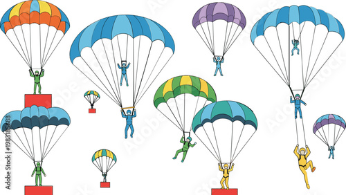 Parachuting Icon Set Featuring Colorful Parachutes, Skydivers, and Airborne Stunts for Extreme Sports and Adventure Designs
