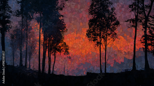 Silhouettes of a Burning Forest Under a Red Sky