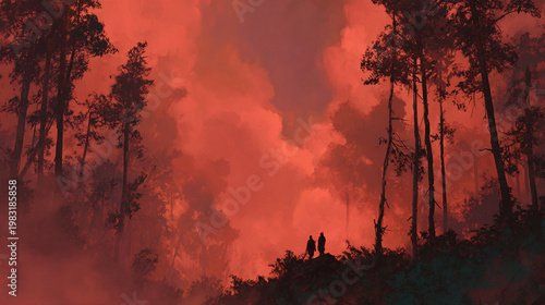 Silhouettes of a Burning Forest Under a Red Sky