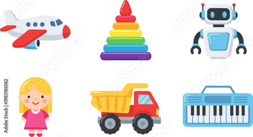 Playful Toy Collection Set with Airplane, Pyramid Stacker, Robot, Dump Truck, Girl, and Musical Keyboard for Kids’ Educational Graphics