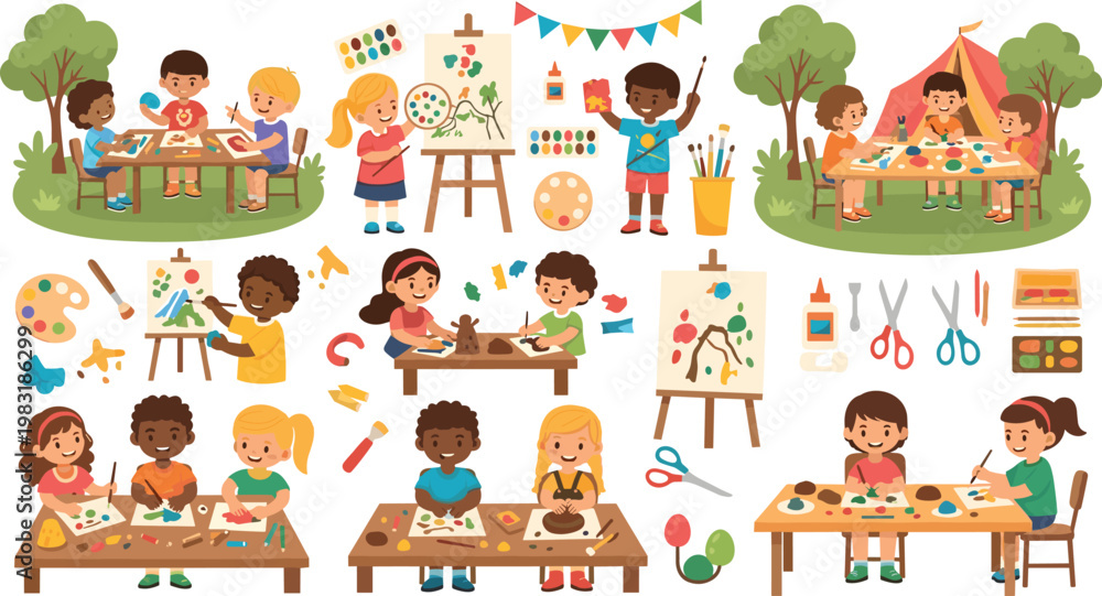 Fototapeta premium Children's Art and Craft Vector Set with Painting, Sculpting, and Creative Fun Activities for Kids and Learning