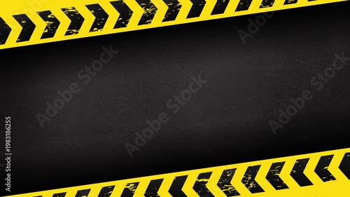 Industrial dark metal background with diagonal yellow black caution tape cinematic frame grunge texture animation 4K 60fps