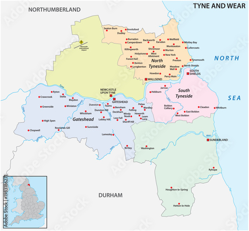Map of the ceremonial county Tyne and Wear, England, UK