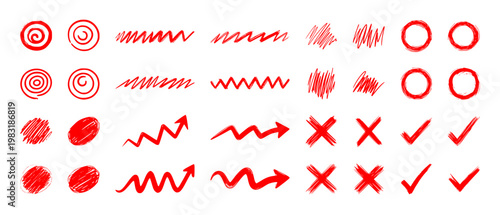 Set of red hand-drawn correction marks, textured marker circles, arrows, cross symbols, and check marks vector illustration isolated on white background