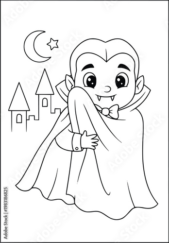 Dracula coloring page with a cute vampire boy hiding behind a large cape