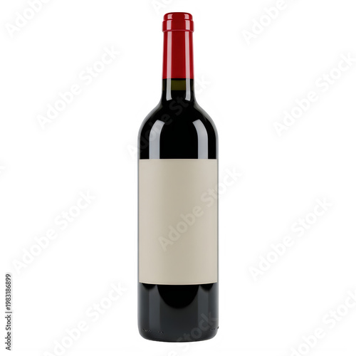 Elegant dark red wine bottle with a white label and red foil top