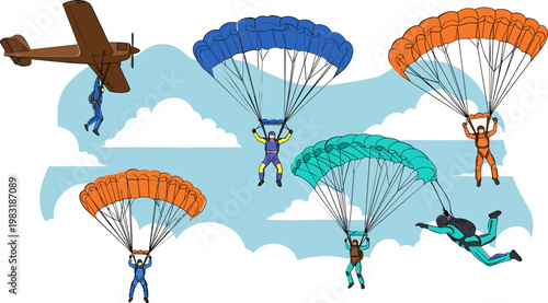 Skydiving and Parachuting Icon Set with Jumpers, Parachutes, and Plane for Adventure, Sports, and Extreme Activity Design