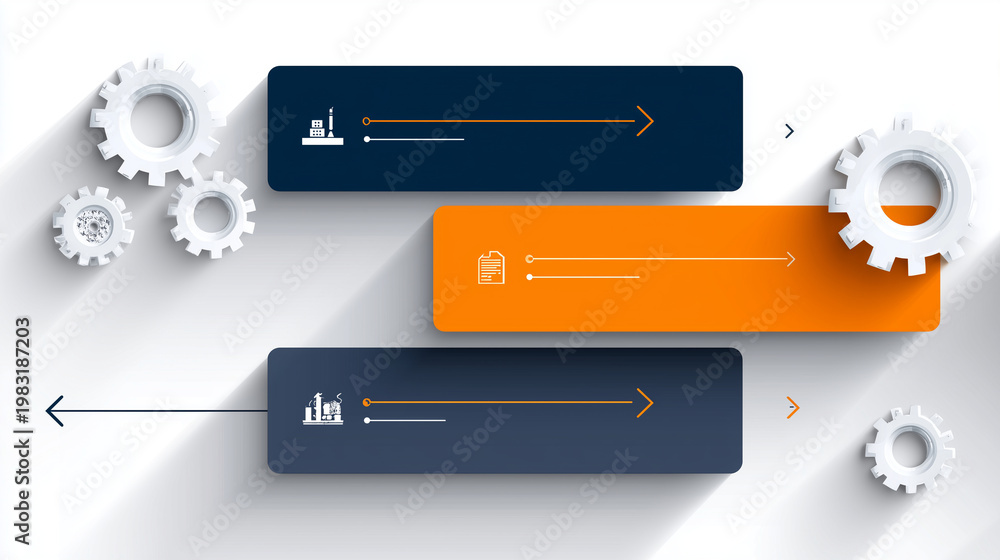 Fototapeta premium minimal premium corporate infographic, clean white background, French B2B print management theme, three dark blue rectangular blocks aligned horizontally at the top representing pr
