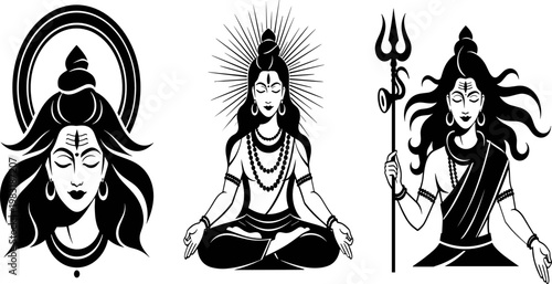 Shiva Icon Set with Meditating, Trident, and Divine Representation for Hinduism, Spiritual, and Religious Design
