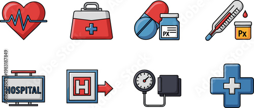 Healthcare and Medical Icon Set with Hospital, First Aid, Medication, Thermometer, and Health Monitoring Symbols for Medical Websites, Apps, and Illustrations
