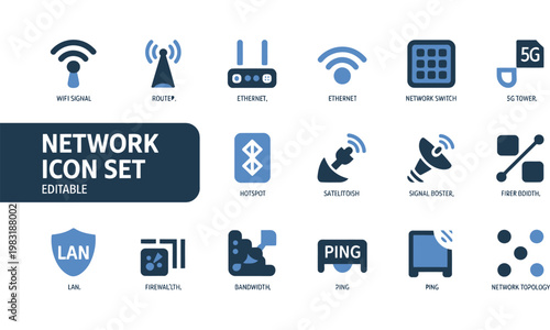 Editable network icon set with various symbols for technology and communication