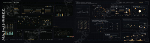 Futuristic telemetry dashboard interface with orbital charts, radar panels and abstract data visualization