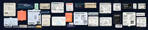 Futuristic industrial techwear graphics set featuring sci-fi labels, tags, decals, emblems, and pseudo-brand logos. Clean vector elements designed for apparel prints, packaging, and advanced UI-inspir