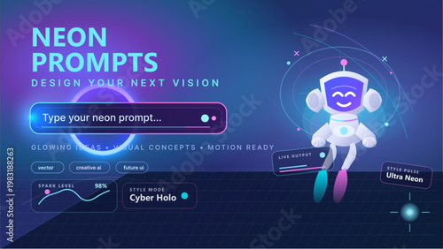 Futuristic neon prompt interface with robot assistant and glowing UI elements on dark gradient web banner