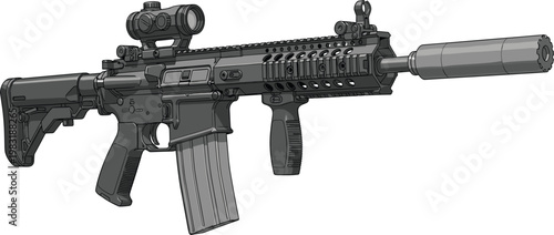 Modern tactical assault rifle with suppressor optical sight and vertical grip professional military weapon vector illustration isolated on white background for gaming and defense concepts.