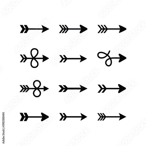 Black Vector Arrow Icon Set with Various Shapes and Infinity Loops