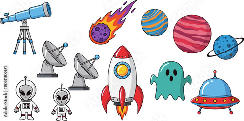 Space and Alien Icon Set Featuring Rockets, Planets, Aliens, UFOs, and Telescopes for Sci-Fi and Space Exploration Designs