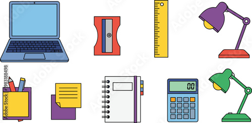 Office and Study Supplies Vector Set with Laptop, Ruler, Notebook, Lamp, Pencil, Sharpener, and Calculator for Work, Education, and Creative Projects