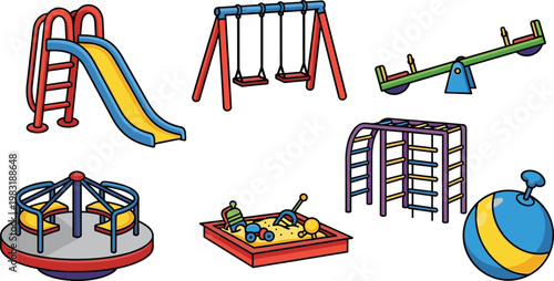Playground Equipment Vector Set with Slide, Swings, Seesaw, Sandbox, and Ball for Kids, Fun, and Outdoor Play Designs