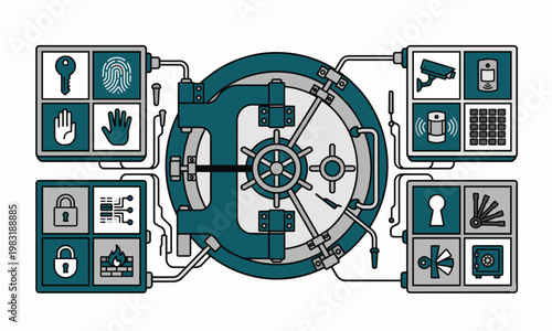 Advanced bank vault door with multi-factor security icons, flat vector illustration of biometrics, surveillance, and digital encryption for high-security financial protection.