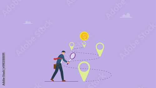 Businessman holding a magnifying glass to search and track the trace money. Financial navigation. Path to financial success. Earning extra income or increasing salary concept.