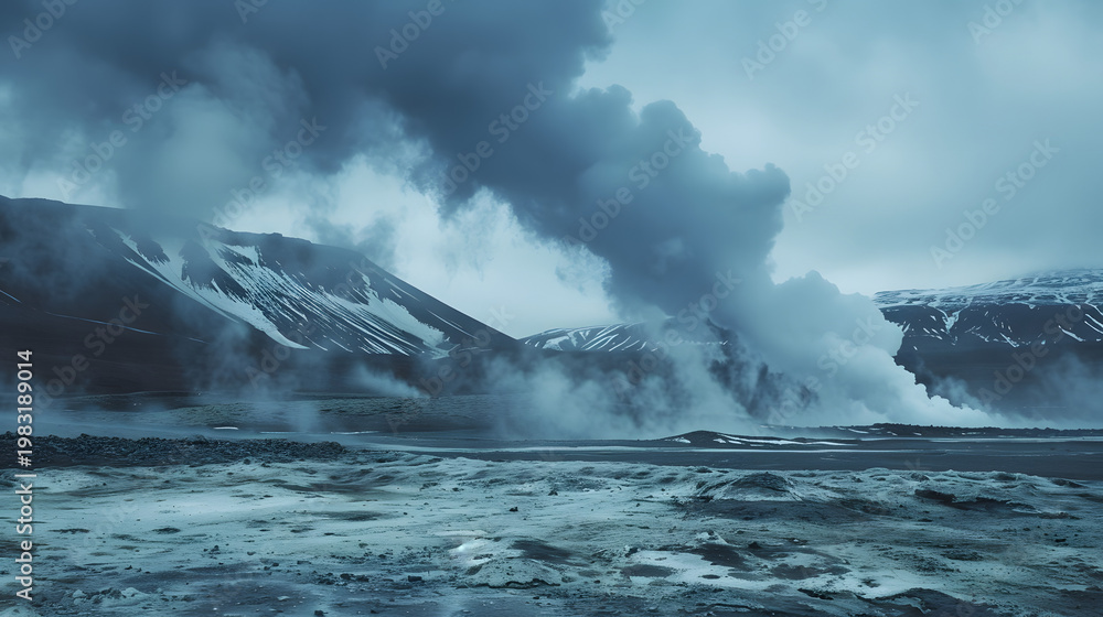 Obraz premium dramatic landscape with steam rising from geothermal area in iceland