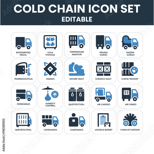 Cold chain icon set with various logistics and transportation symbols