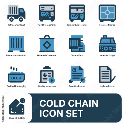 Cold chain icon set with various logistics and transportation symbols