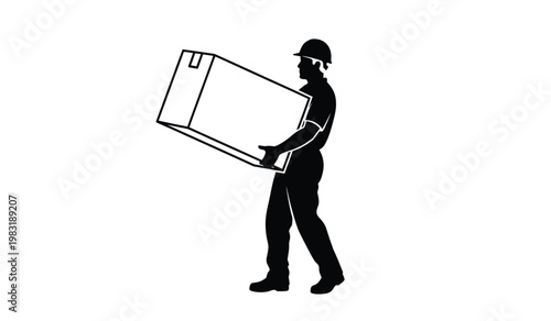 A worker is depicted carrying a large rectangular box showcasing a strong physical effort in a stark silhouette high quality professional detailed modern elegant