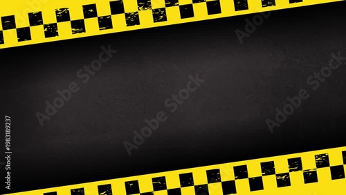 Grunge black metal background with bottom diagonal caution tape and cinematic frame border animated 4K 60fps