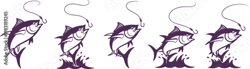 Series of tuna fish leaping out of water in mid-air with splashing water effects