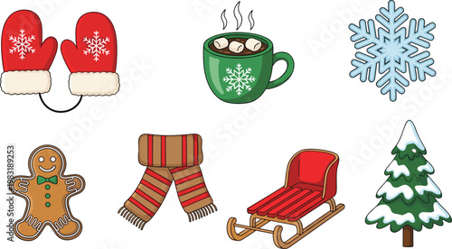 Winter Holiday Icon Set Featuring Snowflakes, Mittens, Hot Cocoa, Gingerbread, Scarf, Sleigh, and Christmas Tree for Seasonal Designs