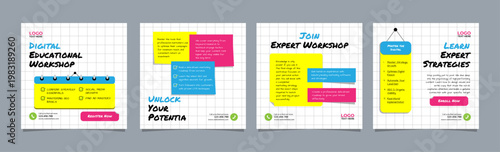 Digital Workshop Educational Carousel Template with Paper Grid Background and Sticky Note Elements for Social Media Marketing, Editable AI file