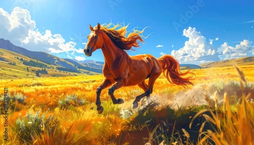 Majestic Chestnut Horse Galloping Through Golden Meadow Under Blue Sky.