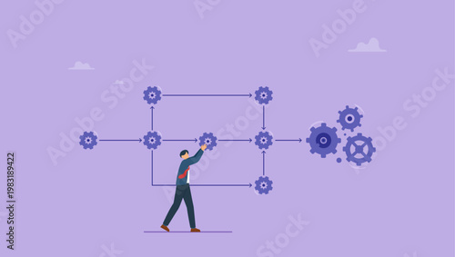 Businessman put gear sign arranging processing management. Business process and workflow automation with flowchart concept.