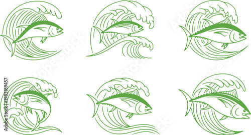 Six artistic illustrations of fish swimming in different wave patterns