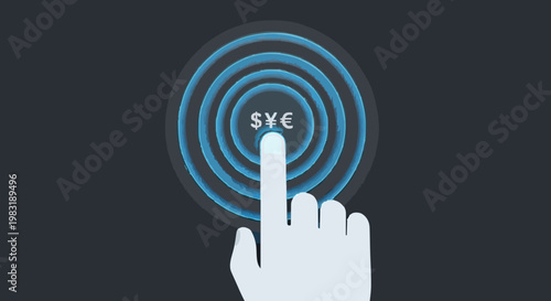 Financial transactions and digital payments concept with a hand pressing a button with currency symbols