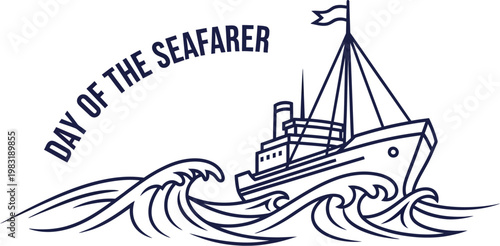 Minimalist line art illustration featuring a cargo ship sailing across stylized ocean waves for the annual day of the seafarer