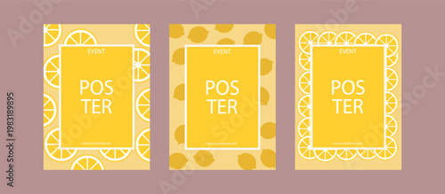 Set of Three Lemon Banners — Hello Summer Citrus Posters, Fresh Yellow Fruit Vector Design
