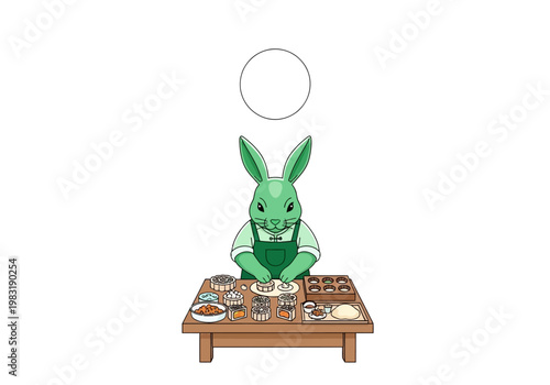 Green rabbit chef preparing food on a table.