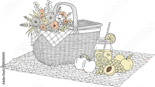Wicker picnic basket filled with beautiful spring flowers alongside fresh seasonal fruits and a refreshing glass of cold lemonade drink