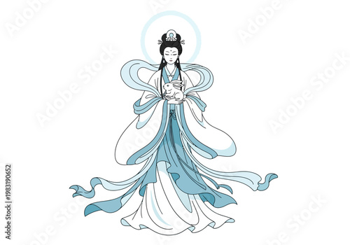 Elegant Chinese Goddess of Mercy Guan Yin in flowing robes holding a lotus flower.