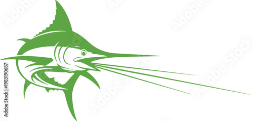 Dynamic illustration of a marlin fish leaping forward with speed and grace