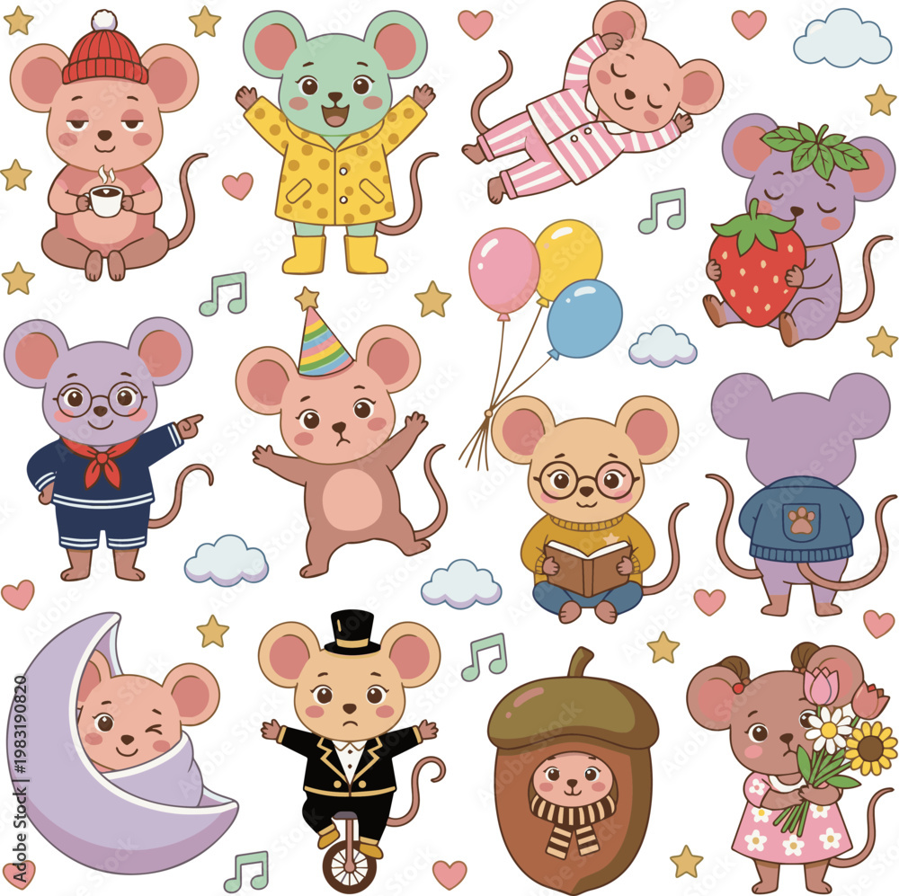 Fototapeta premium Generate a realistic kinds of deferent cute rat vector art with white background.