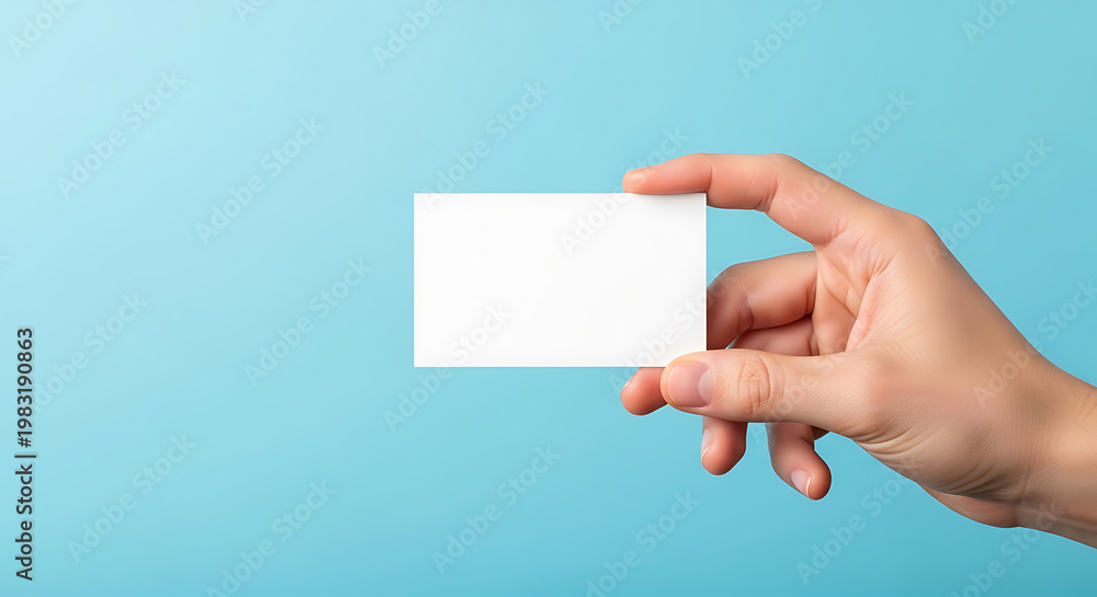 Fototapeta premium Hand holding blank white card against a bright blue background image
