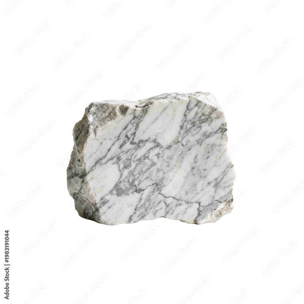 Fototapeta premium A raw, irregularly shaped piece of polished white marble stone with intricate grey veining against a clean white background