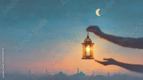 Lantern in evening sky with crescent