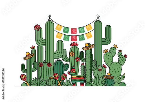 Mexican Fiesta with Cacti and Decorations.