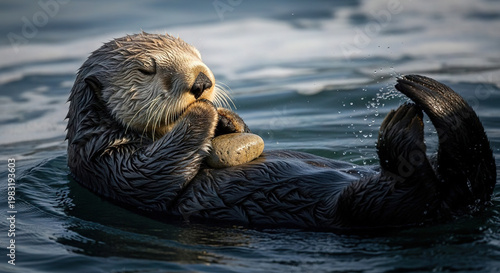Otter floating on water with stone in mouth