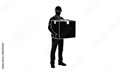A stark black silhouette depicts a delivery worker carefully carrying a large cardboard box showcasing modern logistics and transport silhouette high quality professional detailed